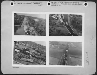 Consolidated > Fighters of the U.S. Army 8th Air Force Fighter Command have swept across Europe to tie up Nazi transportation with strafing attacks. (Upper left)-Hits being scored on the barges. (Upper right)-The craft is largely hidden by the columns of spray