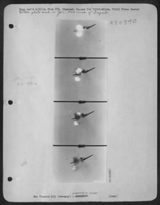 Thumbnail for Consolidated > Photographs show the destruction of two enemy planes by Maj. Turner; first, approximately 75 feet from the ground in a 30 degree bank, he ended this FW-190's career. The destruction of theplane portrays some excellent deflection shooting on the part