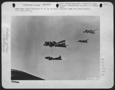 Thumbnail for Consolidated > Bombs away, Flying Fortresses of the 8th Air Forces unloading bombs over German Targets. 390th Bomb Group.