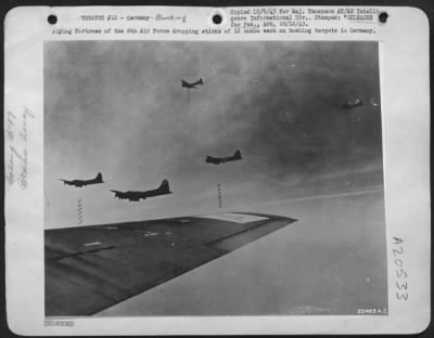 Thumbnail for Consolidated > Flying Fortress of the 8th Air Force dropping sticks of 12 bombs each on bombing targets in Germany.