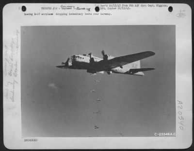 Thumbnail for Consolidated > Boeing B-17 airplane dropping incendiary bombs over Germany.