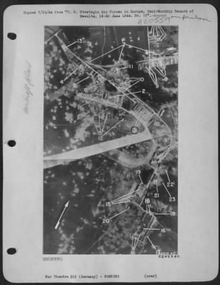 Thumbnail for Consolidated > Attack on Dornier ME-410 assembly plant and A/F is partly serviceable as the main weight of attack fell on the north half of the field. Nine a/c were destroyed or damaged, 2 probably damaged, on the ground. The following items of damage are noted