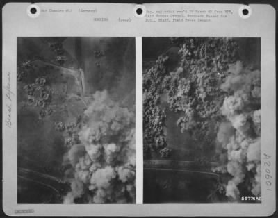 Thumbnail for Consolidated > 1st TAC AF Martin B-26 Marauders blast a path with high explosives through the enemy's Siegfried Line southeast of Zweibrucken in aerial co-operation with the advancing American 7th Army offensive in the Sear Basin. LEFT: The first bombs of a