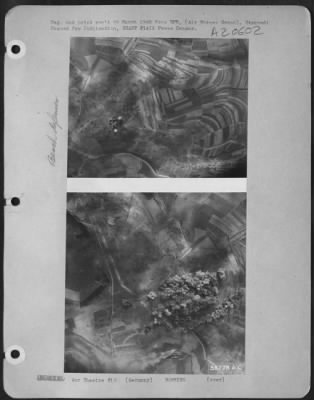 Consolidated > The Siegfried Line southeast of Zweibrucken under attack by First TAC AF Martin B-26 Marauders in air co-operation with the 7th Army's offensive in the Saar basin. These pictures show the enemy's imposing main defense belt as the first bombs explode