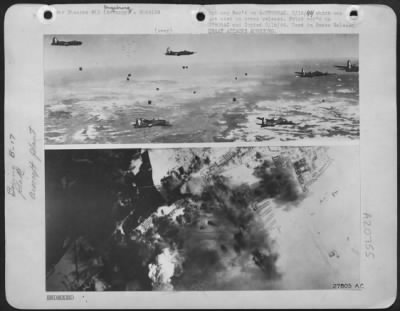 Thumbnail for Consolidated > (Top)-Flak reaches high into German skies is an unsuccessful attempt to disrupt formations of Flying Fortresses of the U.S. Army 8th Air Force on their way to bomb the Messerschmitt experimental plant at Augsburg in a daylight attack. (Bottom)-Flame