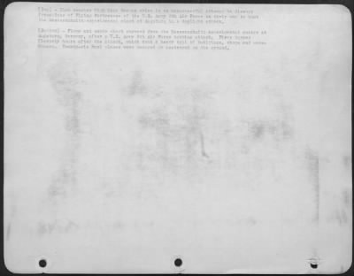 Consolidated > (Top)-Flak reaches high into German skies is an unsuccessful attempt to disrupt formations of Flying Fortresses of the U.S. Army 8th Air Force on their way to bomb the Messerschmitt experimental plant at Augsburg in a daylight attack. (Bottom)-Flame