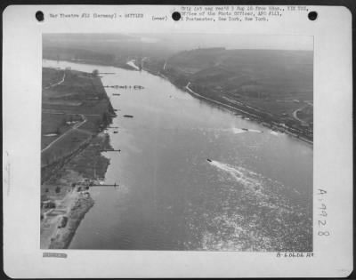 Thumbnail for Consolidated > Germany - A View South Down The Rhine River, Showning Us River Traffic Near The 3Rd Army Bridgehead.  Note The Pontoon Bridge Under Construction Below The Destroyed Bridge.