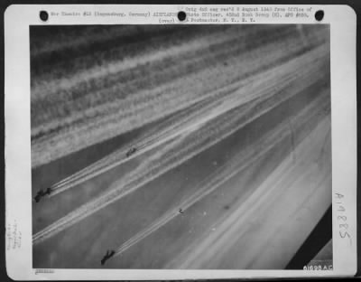 Thumbnail for Consolidated > Vapor Road To Victory - Boeing B-17 Flying Fortresses Of The 452Nd Bomb Group Etch Fleecy Vapor Trails In The Sub Stratosphere Over Germany As They Head For The Target, Regensburg, Germany.  B-17S Of The 452Nd Bomb Group Continued Their Daily Pounding Of