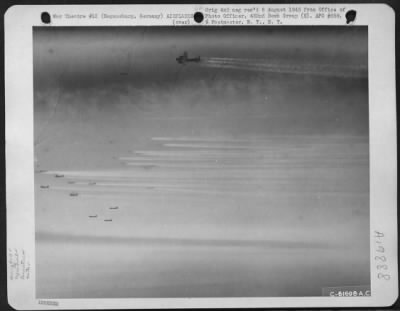 Consolidated > Vapor Road To Victory - Boeing B-17 "Flying  Fortresses" Of The 452Nd Bomb Group Etch Fleecy Vapor Trails In The Sub Stratosphere Over Germany As They Head For The Target, Regensburg, Germany.  B-17S Of The 452Nd Bomb Group Continued Their Daily Pounding