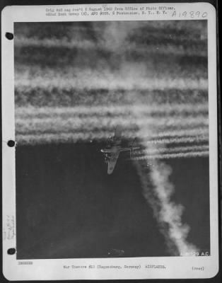 Thumbnail for Consolidated > Boeing B-17 Flying Fortresses Of The 452Nd Bomb Group Leave Another Lane Of Vapor Trails To Those Left By Preceding Formation Enroute To Regensburg, Germany 25 Feb. 1944.  Taken By S/Sgt. F. Ferreri.