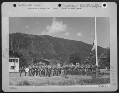 Thumbnail for Consolidated > Berchtesgaden, Germany -- The Stars And Strips Is Raised Over The Former Headquarters Of Field Marshal Keitel, Chief Of The German General Staff.  The 101St Airborne Division'S 327Th Glider Infantry Regiment'S Band And Colour Guard, Whose Members Without