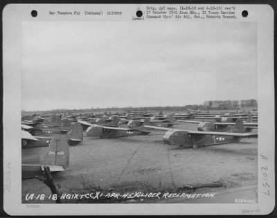 Thumbnail for Consolidated > Glider Reclamation -- Two Weeks Time Was All That The 82Nd Service Group, 9Th Troop Carrier Command Engineers Required To Place 60% Of The 1300 Gliders In Flyable Condition After The Rees-Wesel Airborne Invasion.  Shown Here Ready For Servicing Is A Group