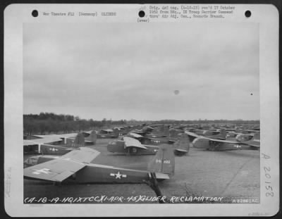 Thumbnail for Consolidated > Glider Reclamation -- Two Weeks Time Was All That The 82Nd Service Group, 9Th Troop Carrier Command Engineers Required To Place 60% Of The 1300 Gliders In Flyable Condition After The Rees-Wesel Airborne Invasion.  Shown Here Ready For Servicing Is A Group