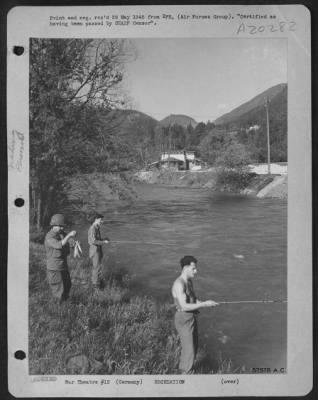 Thumbnail for Consolidated > Berchtesgaden, Germany -- Fishing Near The Base Of The Eagle'S Nest Are Gis Of The 101St Airborne Division'S 327Th Glider Infantry Regiment.  Left To Right: Sgt. Roy T. Bouckou, From Hollywood, Ca., S/Sgt. Harold J. Mangini, From Garfield, Nj; And Pvt. Vi