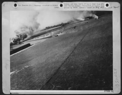 Consolidated > The Luftwaffe Coming Up -- In Smoke: More Than A Dozen Smoke Columns Caused By Burning German Aircraft Destroyed On The Ground Give Graphic Emphasis To The New Record Set On 16 April 1945 By Us 8Th Af Fighter Pilots -- 644 Enemy Planes Destroyed On The Gr