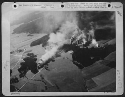 Consolidated > The Luftwaffe Coming Up -- In Smoke: More Than A Dozen Smoke Columns Caused By Burning German Aircraft Destroyed On The Ground Give Graphic Emphasis To The New Record Set On 16 April 1945 By Us 8Th Af Fighter Pilots -- 644 Enemy Planes Destroyed On The Gr