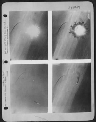 Thumbnail for Consolidated > These pictures of a pilotless plane flying over England and it's destruction by 9th Air force Republic P-47 Thunderbolt pilot were recorded by a movie camera in the wing of a Fighter-Bomber flown by Lt. Fisher. In the left pictures, the plane can be