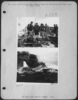 Consolidated > These four crew members (top) of a Boeing B-17 jumped to safety after it crashed in making a landing at an American base in Great Britain and then burst into flames (bottom) and was completely destroyed. L-R are: Pilot, Maj. Leon Stann, 27