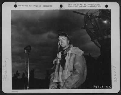 Thumbnail for Consolidated > 1St Lt. Mark Mathis, San Angelo, Texas, Bombardier In A Flying Fortress, Makes A Newsreel Interview From The United States Air Force Station At Bassingbourne, England, Where He Is Stationed.  The Interview Is For Release In American On Decoration Day.  9