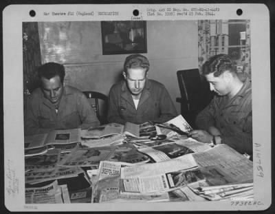 Consolidated > In The American Red Cross Club Which Is Actually On Their Field, Men Of The 324Th Bomber Squadron In England Relax After An Operational Flight.  (Left To Right) Cpl. John Burns, Portsmouth, Va., Pfc. Earl Hom, Middletown, Pa., And T/5 Eugene Brussel, Pass