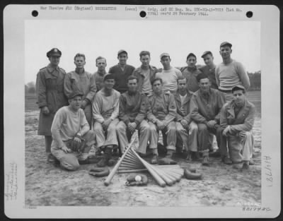 Thumbnail for Consolidated > The Fighter Command Baseball Team 'Thunderbolts' Who Were The Finalists In The Eto Baseball World Series Are Grouped Together For A Picture On The Diamond Of Bushey Park, Middlesex, England.  They Are, Left To Right (Seated) Pvt. Burton Kopperty, Minneapo