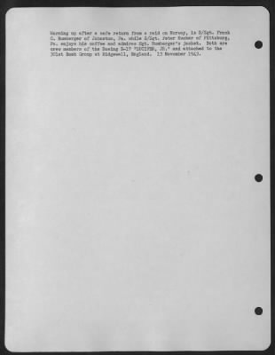 Thumbnail for Consolidated > Warming Up After A Safe Return From A Raid On Norway, Is S/Sgt. Frank C. Rumberger Of Johnston, Pa., While S/Sgt. Peter Kucher Of Pittsburgh, Pa., Enjoys His Coffee And Admires Sgt. Rumberger'S Jacket.  Both Are Crew Members Of The Boeing B-17 'Lucifer, J