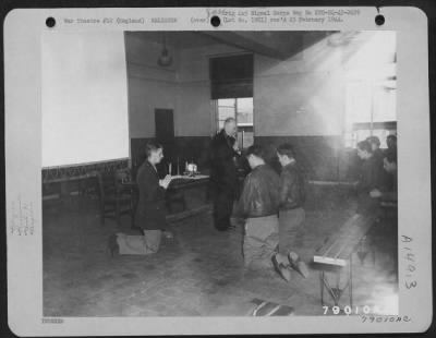 Thumbnail for Consolidated > Archbishop Francis J. Spellman Gives The Apostolic Blessing To Members Of The Combat Crews Of The 91St Bomb Group Before Their Take-Off On A Mission Over Antwerp.  On The Left Kneels 1St Lt. Hunt, Catholic Chaplain At This Base At Bassingbourne, England.