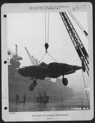 Thumbnail for Consolidated > Lockheed P-38 Being Unloaded From A Ship At Queens Dock, Liverpool, England.  9 January 1943.