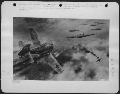 Thumbnail for General > Drawing showing Air Battle-German plane attacking Released BPR. Boeing B-17s.