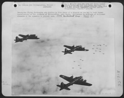 Thumbnail for Boeing > Twenty-two Flying ofrtresses are visible in this photo of a mission on its way to bomb German installations at the airfield of Villacoublay, near Paris. Difference in altitude of different elements of the squadron is plainly seen.