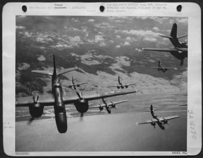 Douglas > Leaving the coast of France after plastering Nazi targets with high explosives, Douglas A-20's (Havoc), light bombers of the 9th AF head for England and their home bases.