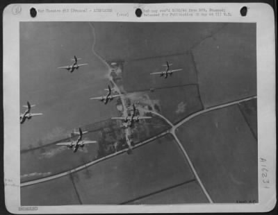 Douglas > Douglas A-20 Havoc light bombers of the U.S. Ninth Air force are shown over the patch work landscape of France during a recent attack against enemy targets. The speedy, versatile attack bombers, which have been operating from England for several