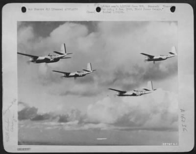 Douglas > FRANCE-A flight of four Douglas A-26 Invaders, the new light bomber recently announced as participating in the 9th AF bombardment of Germany. The fast, heavily armed planes complement 9th AF B-26 Marauder medium bombers in knocking out