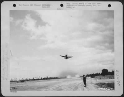 Thumbnail for Republic > Leaving A Trail Of Dust Behind, A Republic P-47 Takes Off From The Newly Constructed Airfield At St. Pierre Du Mont, Normandy, France.