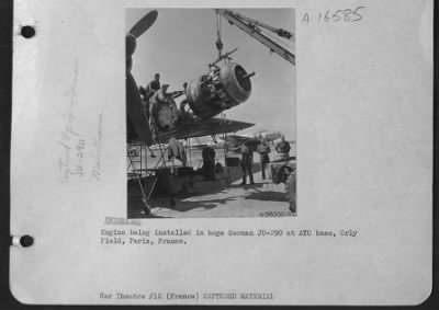 Thumbnail for General > Engine Being Installed In Huge German Ju-290 At Atc Base, Orly Field, Paris, France.