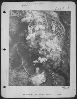 Thumbnail for Consolidated > 12th AF pinpointing blocks 5 of the 6 roads leading into busy junction at Cori northeast of Anzio landings. Note care with which hospital in upper left is spared.