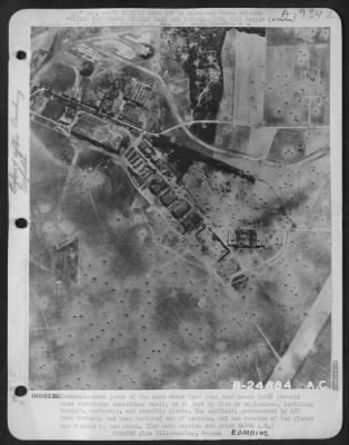 Thumbnail for Villacoublay > Reconnaissance photo of the same scene less than four hours later reveals nine structures demolished wholly or in part by fire or explosives, including hangars, workshops, and assembly plants. The airfield, pock-marked by 450 bomb craters, has been