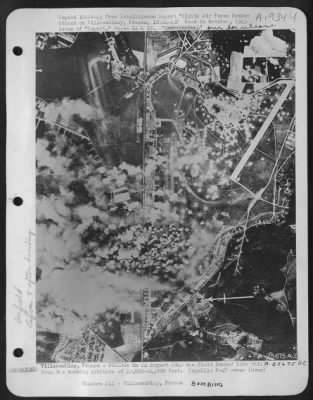 Thumbnail for Villacoublay > Villacoublay, France-DURING: On 24 August 1943 the field looked like this from the bombing altitude of 22,000-24,000 feet. Republic P-47 cover was provided. We lost no aircraft, destroyed one, probably shot down two and damaged one.