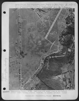 Thumbnail for Villacoublay > Villacoublay, France-AFTER: Comparison with target areas in the "before" picture reveals bombing accuracy. Barracks, an assembly and sheet working shop, hangars and FW-190 repair shops were all destroyed or damaged.