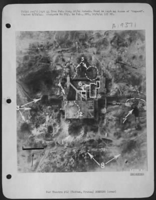 Thumbnail for Watten > Watten, France was first large site discovered. Annotations refer to results of attacks in June 44, show 120 feet crater from near miss (1), blast mark from direct hit (2), obliteration of storage area (3), hit on conveyor ramp (4) damage to end of