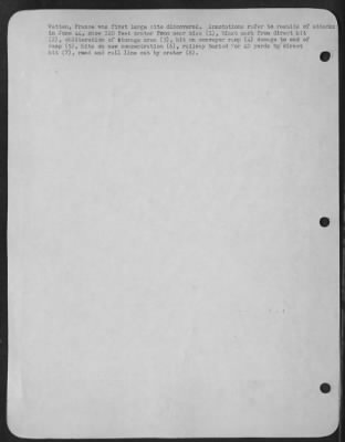 Thumbnail for Watten > Watten, France was first large site discovered. Annotations refer to results of attacks in June 44, show 120 feet crater from near miss (1), blast mark from direct hit (2), obliteration of storage area (3), hit on conveyor ramp (4) damage to end of