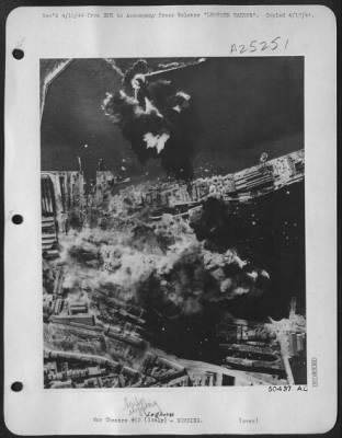 Consolidated > This is an aerial attack on the harbor of Leghorn, Italy, by B-25 Mitchell bombers of the First Tactical Air Force, Leghorn is on the west coast of Italy. Heavy damage was inflicted by the USAAF raiders. The photo shows hits on shipping, warehouses