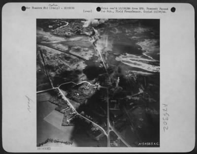 Thumbnail for Consolidated > These are successive bomb burst photos of a causeway at Mantua, Italy, under attack by Republic P-47 Thunderbombers.