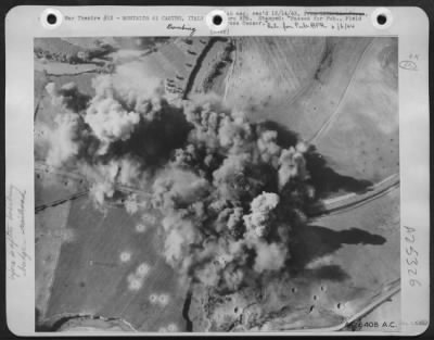 Thumbnail for Consolidated > FROM ADVANCED BOMBER BASE November 13--Two aerial photographs give clear picture of how American Marauder bombers are clipping the German supply lines in Italy. In the second photo, the target is completely obscured by the Marauder's