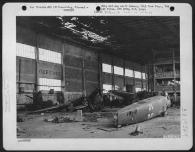 Thumbnail for Villacoublay > This Picture Shows The Wrecked Interior Of The Airdrome Near Villacoublay, France, After Allied Bombings.  German Ju 88S Shown At The Left And Rear, And The Fuselage Of An Unidentified Plane On The Right.  1 September 1944.