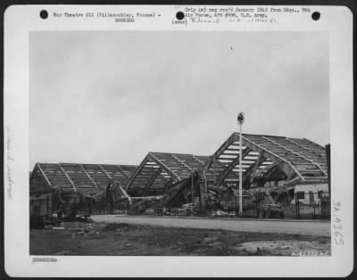 Thumbnail for Villacoublay > Marked By A Swastika, These Three Hangars Were Used By The Germans As Offices For The Giant Junkers Repair Depot Near Villacoublay, France.  Before Bombing By The Allies These Hangars Had Metal Roofs.  1 September 1944.