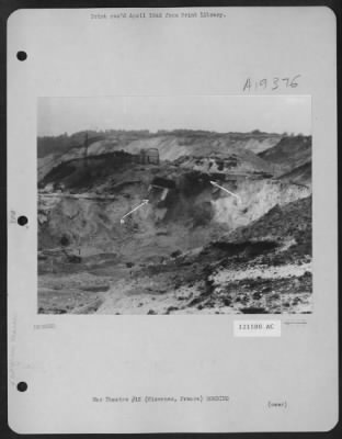 Thumbnail for Wizernes > Rocket Site At Wizernes, France.  This Photo Taken On 21 July 1944, After Another Attack With 12,000 Lb. Bombs, Shows Clearly (A) Large Subsidence Underneath The Concrete Rim Of The Dome And The Crane Has Disappeared (B) A Concrete Construction Slipping D