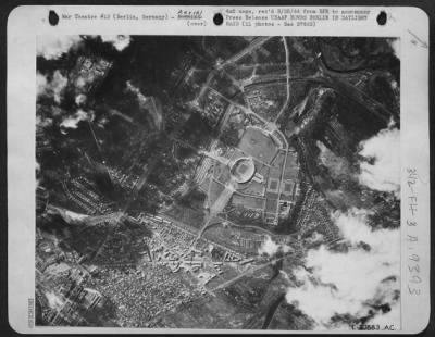 Thumbnail for Consolidated > Evidence of the Clarity with which U.S. Army airmen could spot landmarks of Berlin during their 6 March 44 raid on the German capital is this photo in which the famous Berlin sports arena stands out vividly.