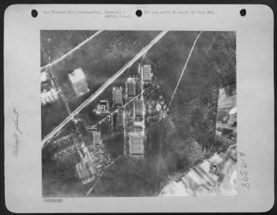 Thumbnail for Consolidated > BEFORE THE ATTACK: Neatly located in a wooded area, the Junkers aircraft engine plant at Arnimswalde looked as shown, shortly before the Fortresses of the 8th AAF launched their April 11th attack. Machine shops, assembly departments administrative