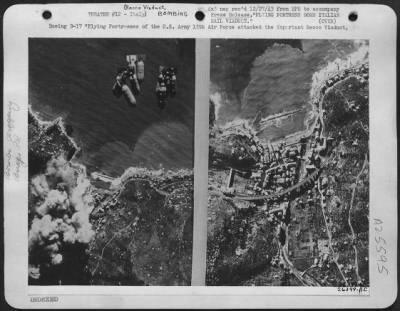 Thumbnail for Consolidated > Boeing B-17 "Flying Fortresses of the U.S. Army 15th Air Force attacked the important Recco Viaduct. 15 miles southeast of Genoa on the Genoa-Spezia coastal rail line recently. The picture on the right shows the viaduct, which consists of 20 spans